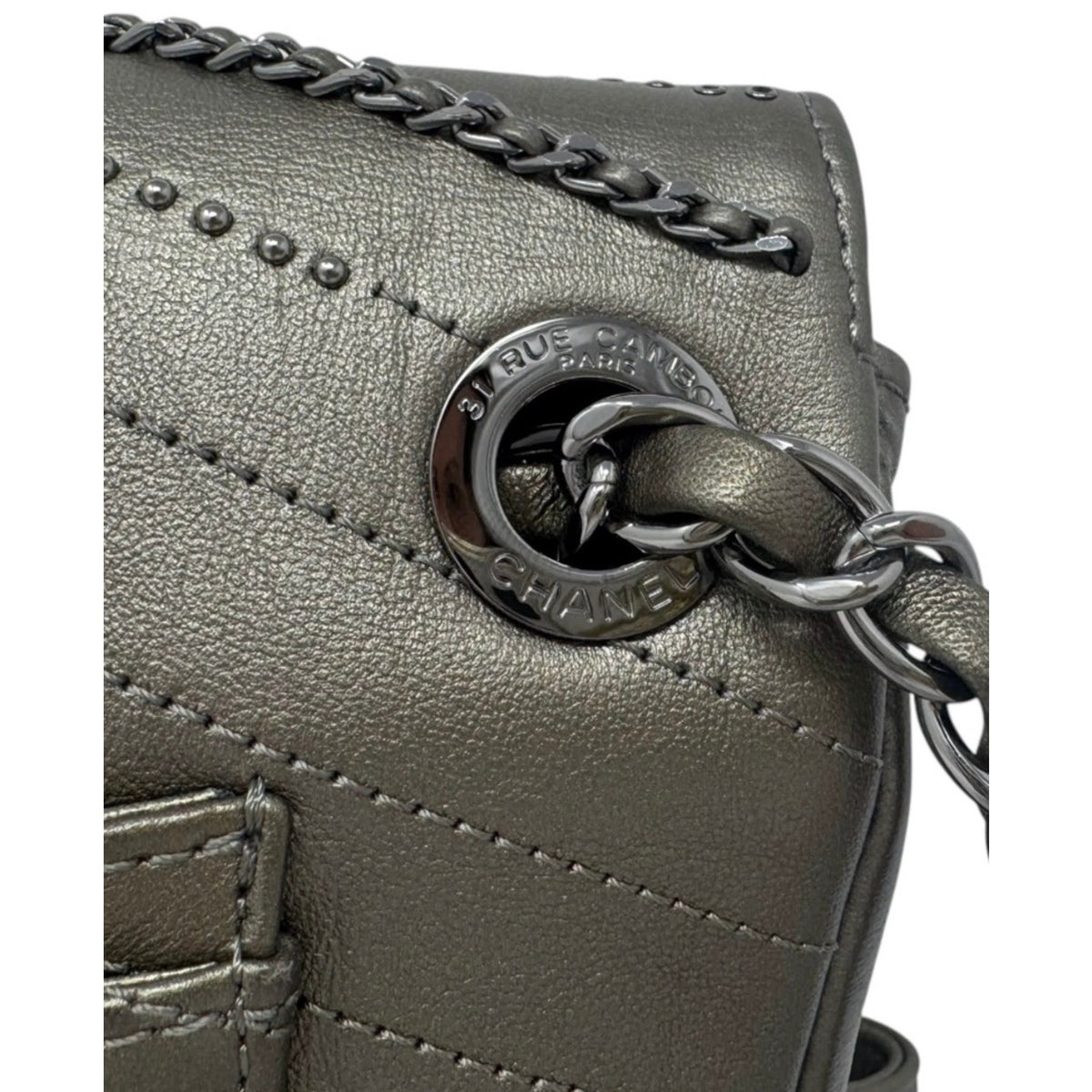 Chanel Metallic Grey Square Mini Flap Bag Chevron Quilted Leather