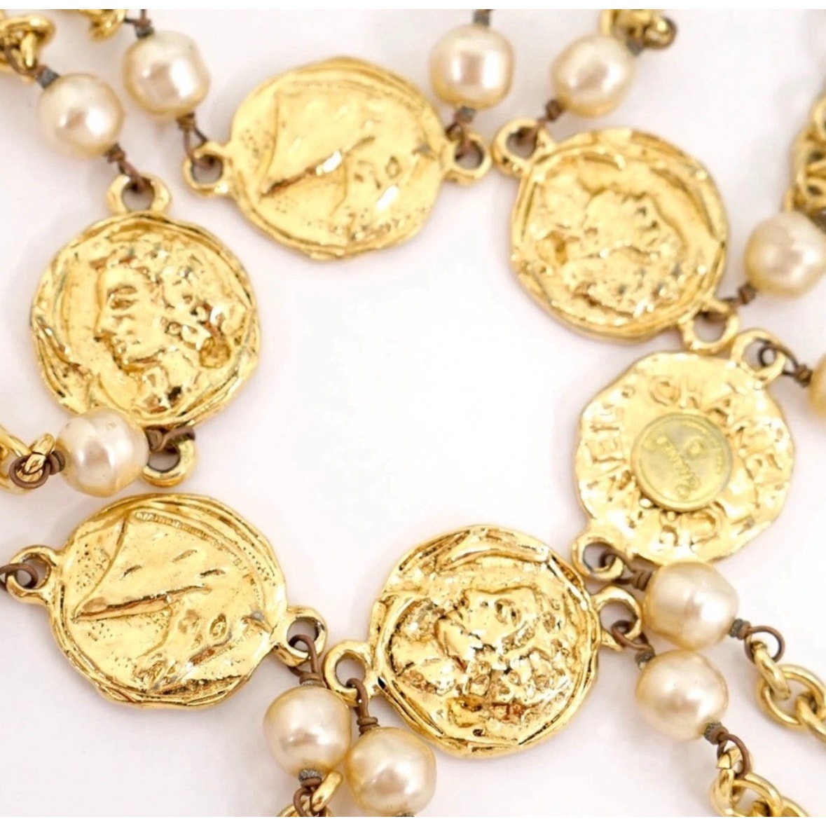 Chanel Vintage Gold-Plated Coin Medallion & Faux Pearl Necklace