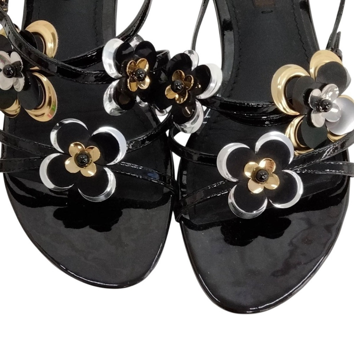 Louis Vuitton Black Patent Leather Flower Sling-Back Sandals - Size 35