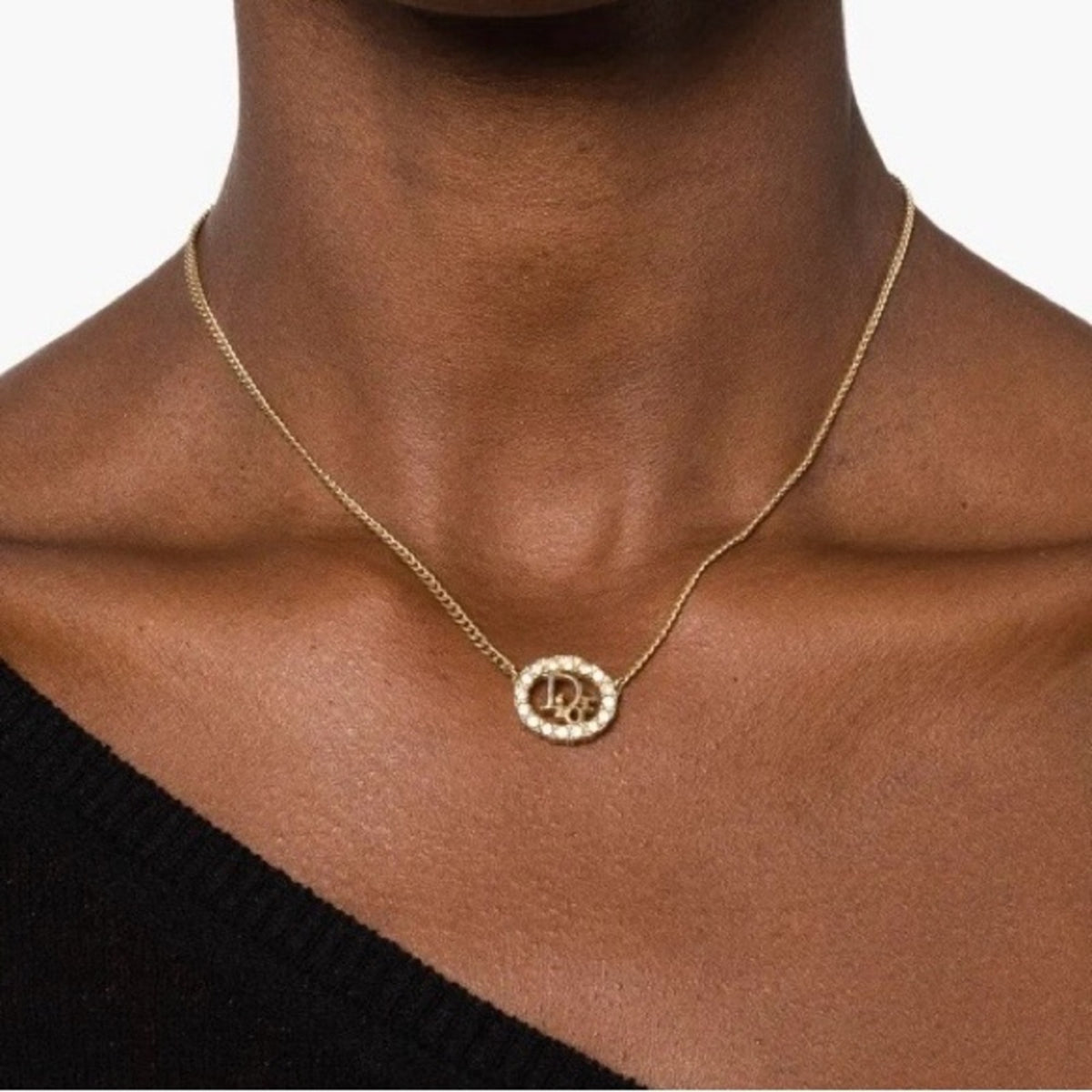 Christian Dior Gold-Tone and Rhinestone Circular Logo Necklace