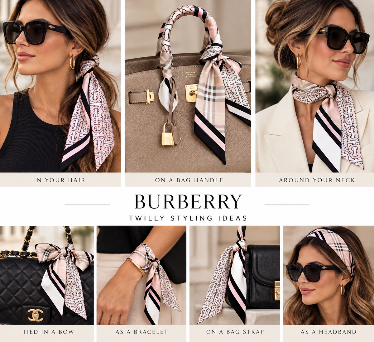 Burberry Silk Bandeau Twilly Scarf - Pink, White, & Black