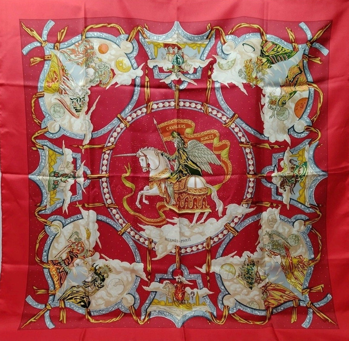Hermes Red Cavaliers des Nuages Carre 90 Silk Scarf