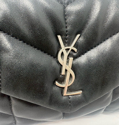 Saint Laurent Black Leather Quilted Toy Loulou Puffer with Silver YSL