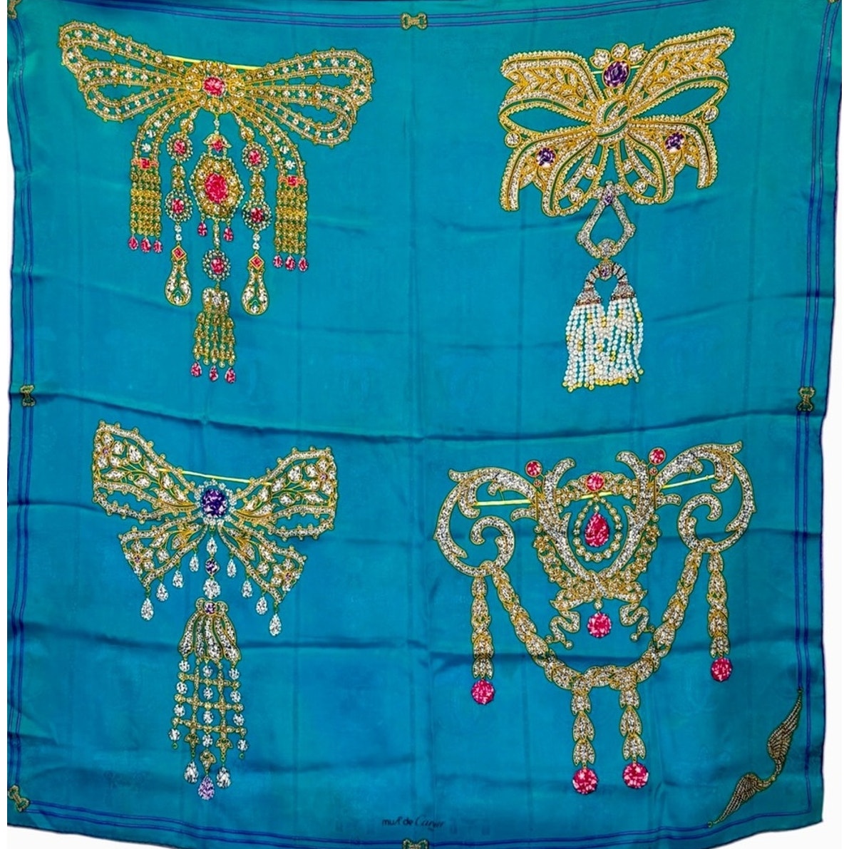 Cartier Teal “Collection of Brooches” Jewel-Embellished Silk Scarf