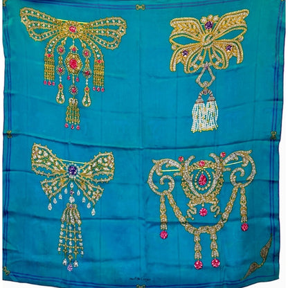 Cartier Teal “Collection of Brooches” Jewel-Embellished Silk Scarf