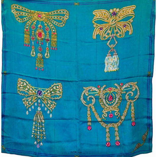 Cartier Teal “Collection of Brooches” Jewel-Embellished Silk Scarf