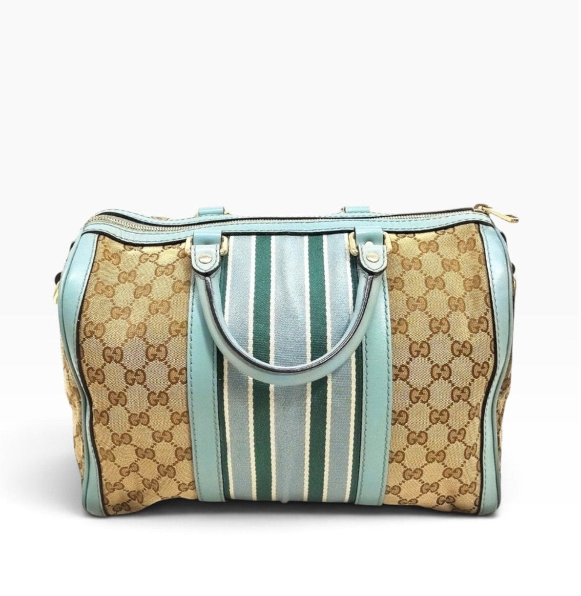 Gucci GG Canvas Web Stripe Boston Bag - Light Blue/Teal