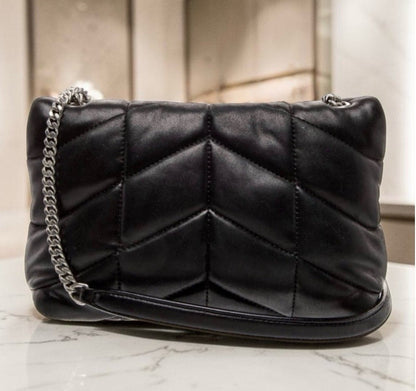 Saint Laurent Black Leather Quilted Toy Loulou Puffer with Silver YSL