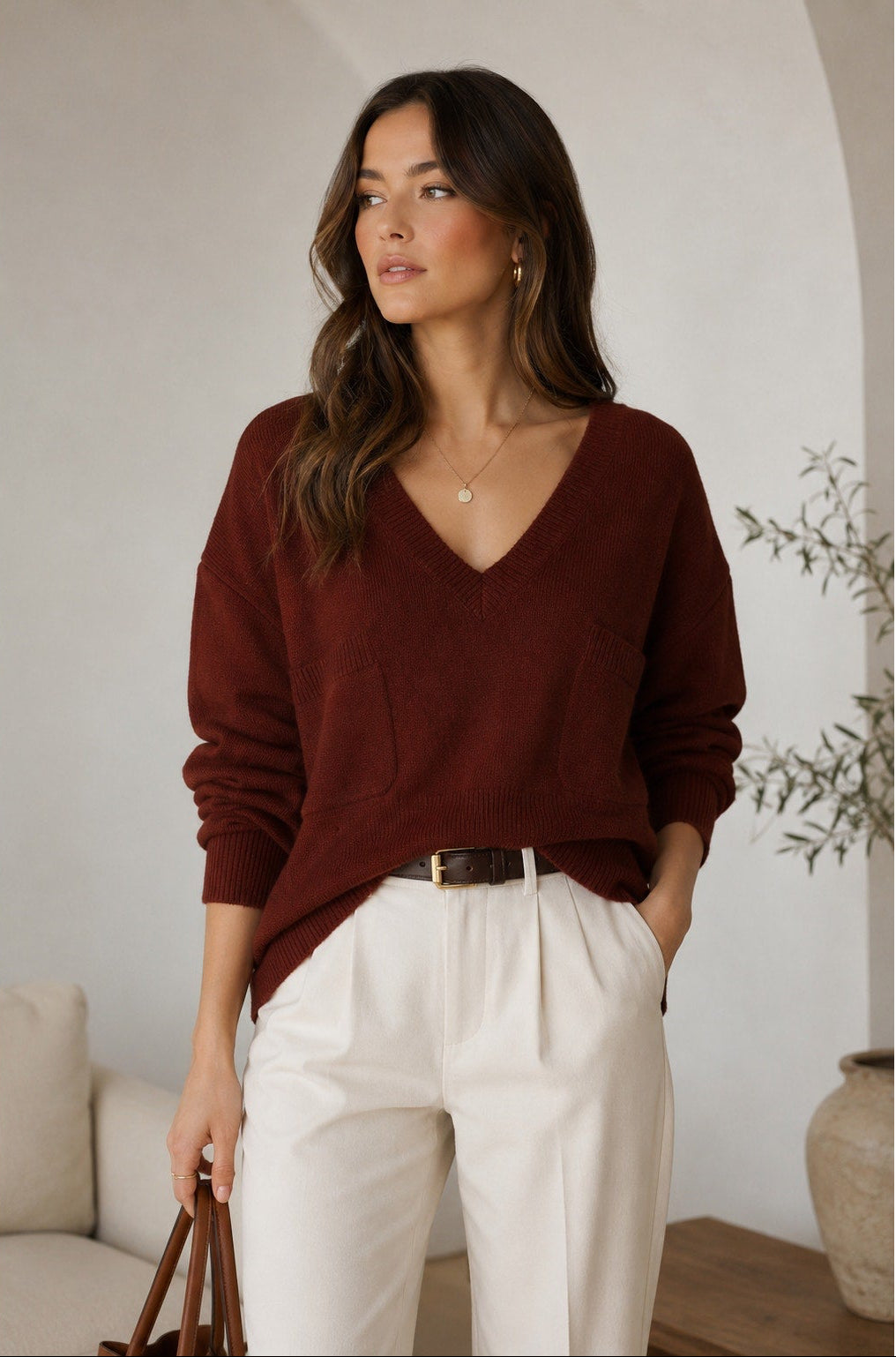 Chloe Burgundy Cashmere V-Neck Sweater - Medium