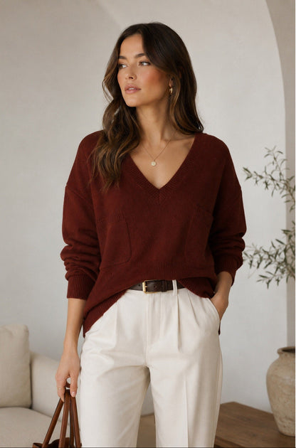 Chloe Burgundy Cashmere V-Neck Sweater - Medium