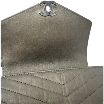 Chanel Metallic Grey Square Mini Flap Bag Chevron Quilted Leather