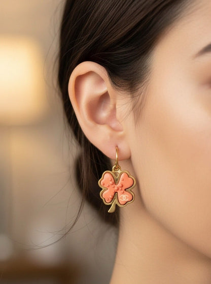 Chanel Gold-Plated & Pink Resin Four-Leaf Clover Drop Earrings Pierced
