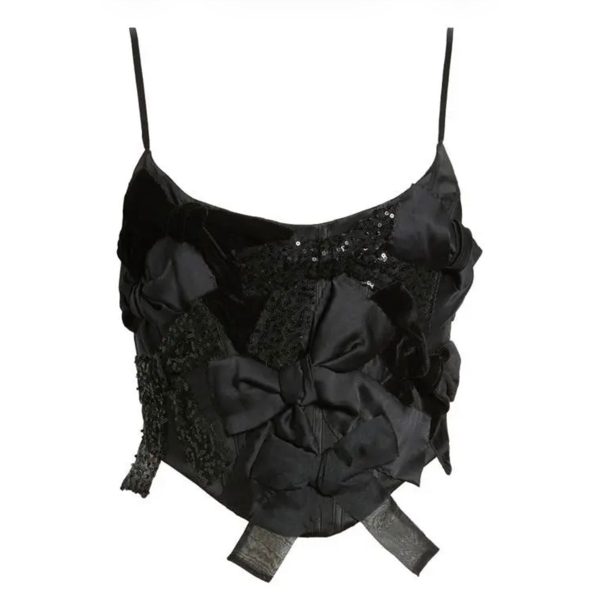 LoveShackFancy Black Woodley Bow Corset Textured and Sequin Top - US 2