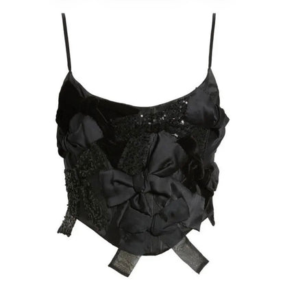LoveShackFancy Black Woodley Bow Corset Textured and Sequin Top - US 2