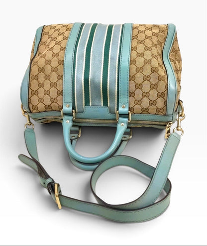 Gucci GG Canvas Web Stripe Boston Bag - Light Blue/Teal