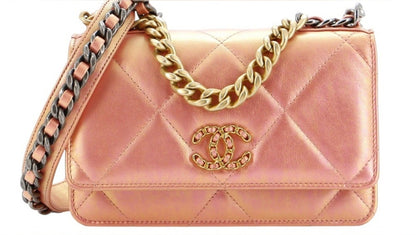 Chanel 19 Pink Iridescent Quilted Calfskin Leather Wallet on Chain