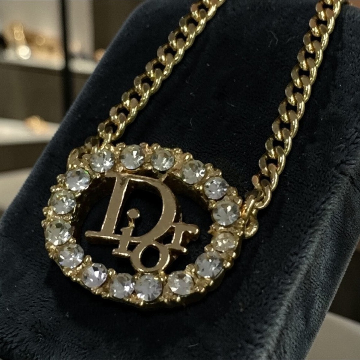 Christian Dior Gold-Tone and Rhinestone Circular Logo Necklace
