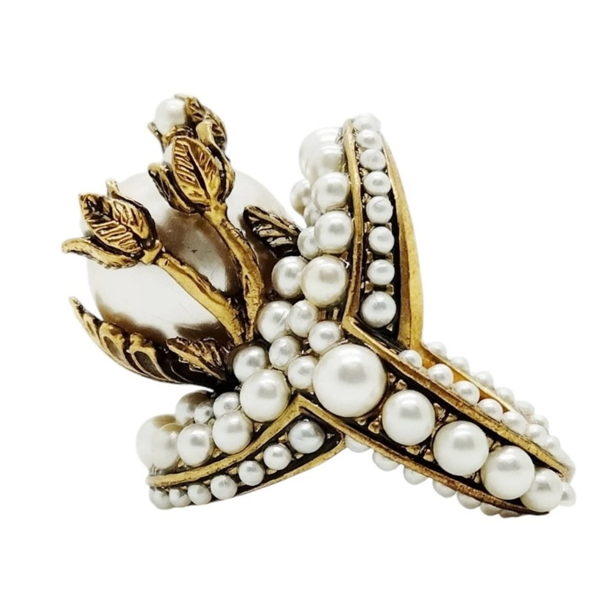 Gucci Cocktail Ring Gold Toned Faux Pearl Flower - Size 5