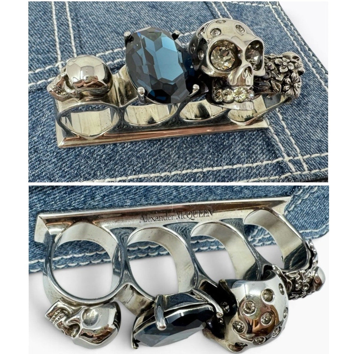 Alexander McQueen Denim Mini Jeweled Knuckle 2-Way Bag