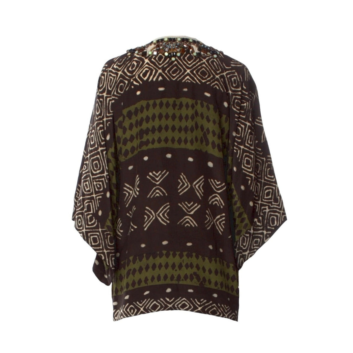 Oscar de la Renta Olive & Dark Brown Beaded Silk Tunic - Medium