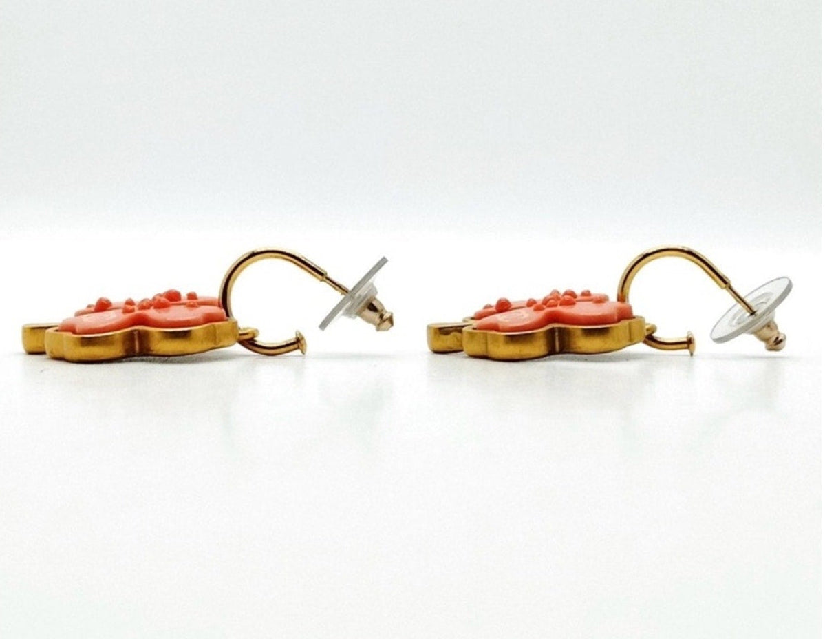 Chanel Gold-Plated & Pink Resin Four-Leaf Clover Drop Earrings Pierced