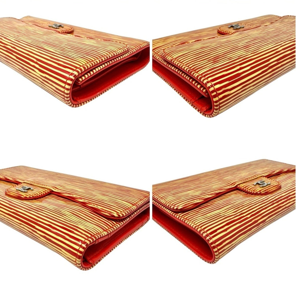 Chanel Red and Gold Stripe Patent Flap Wallet