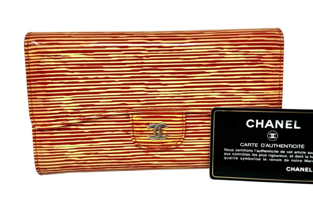 Chanel Red and Gold Stripe Patent Flap Wallet