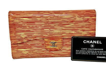 Chanel Red and Gold Stripe Patent Flap Wallet