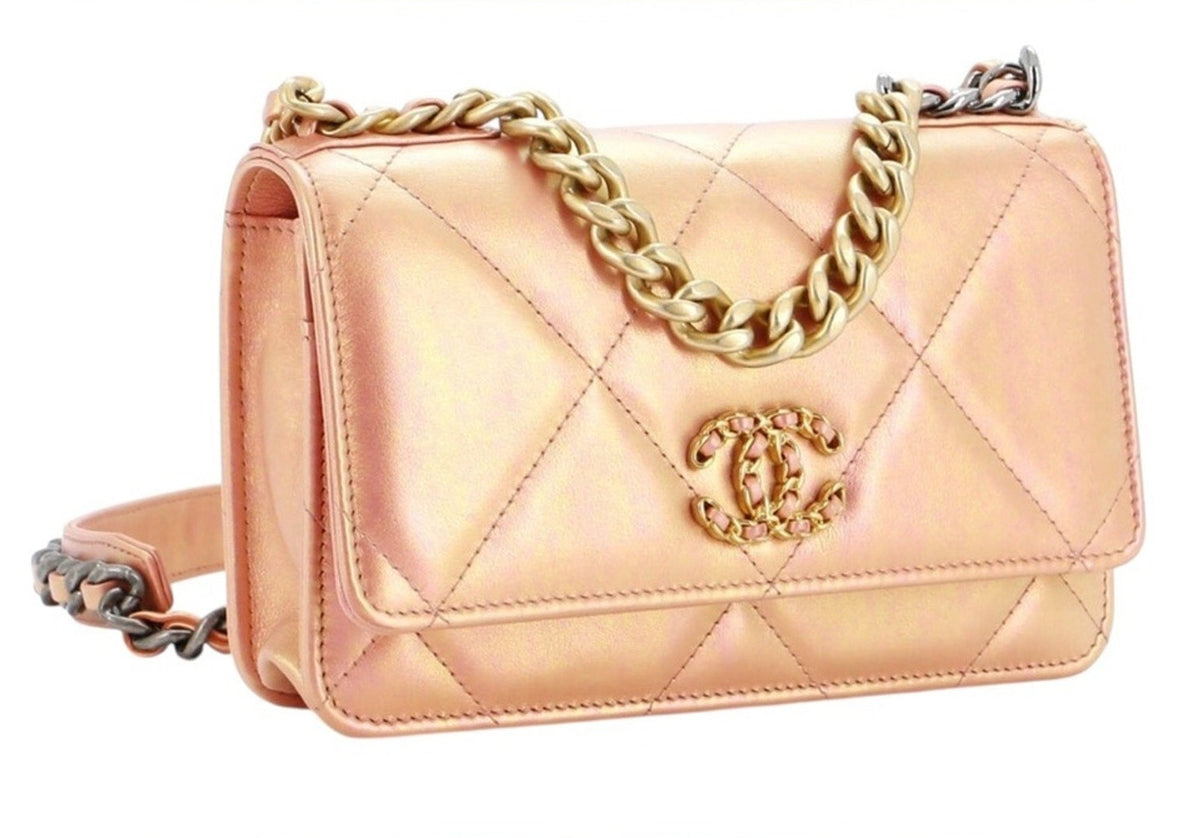 Chanel 19 Pink Iridescent Quilted Calfskin Leather Wallet on Chain