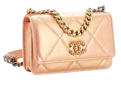 Chanel 19 Pink Iridescent Quilted Calfskin Leather Wallet on Chain