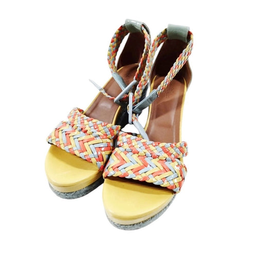 Hermes Ines Multicolor Braided Leather Espadrille Wedge Sandals - Size 37