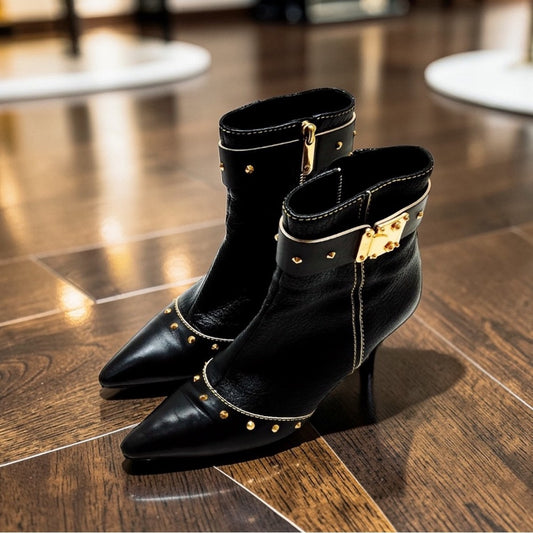 Louis Vuitton Black Suhali Leather Stud Pointed Ankle Boots - Size 35.5