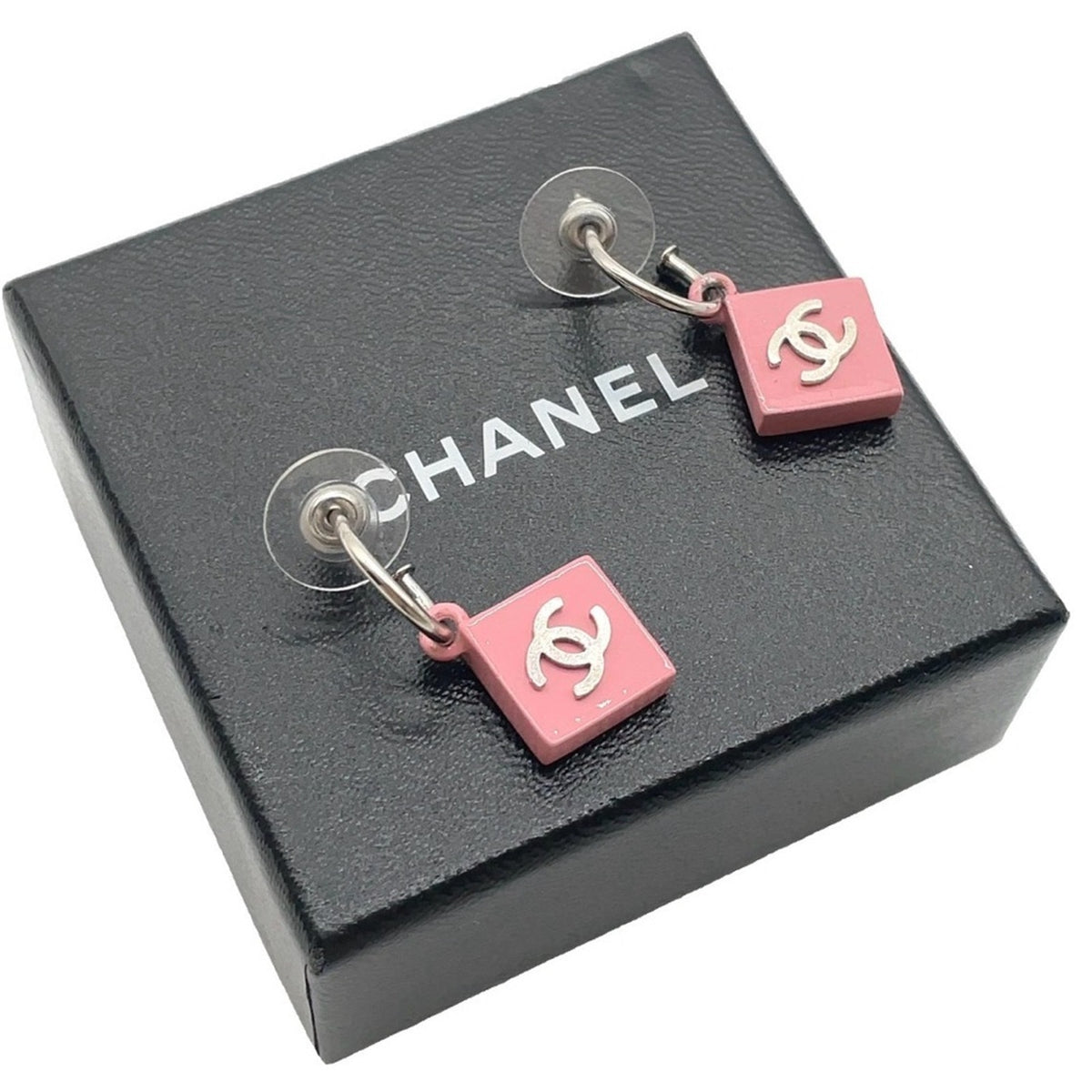Chanel Pink Enamel and Palladium-Plated CC Pierced Drop Earrings