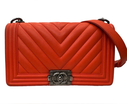 Chanel Red Orange Lambskin Leather Quilted Medium Boy Bag