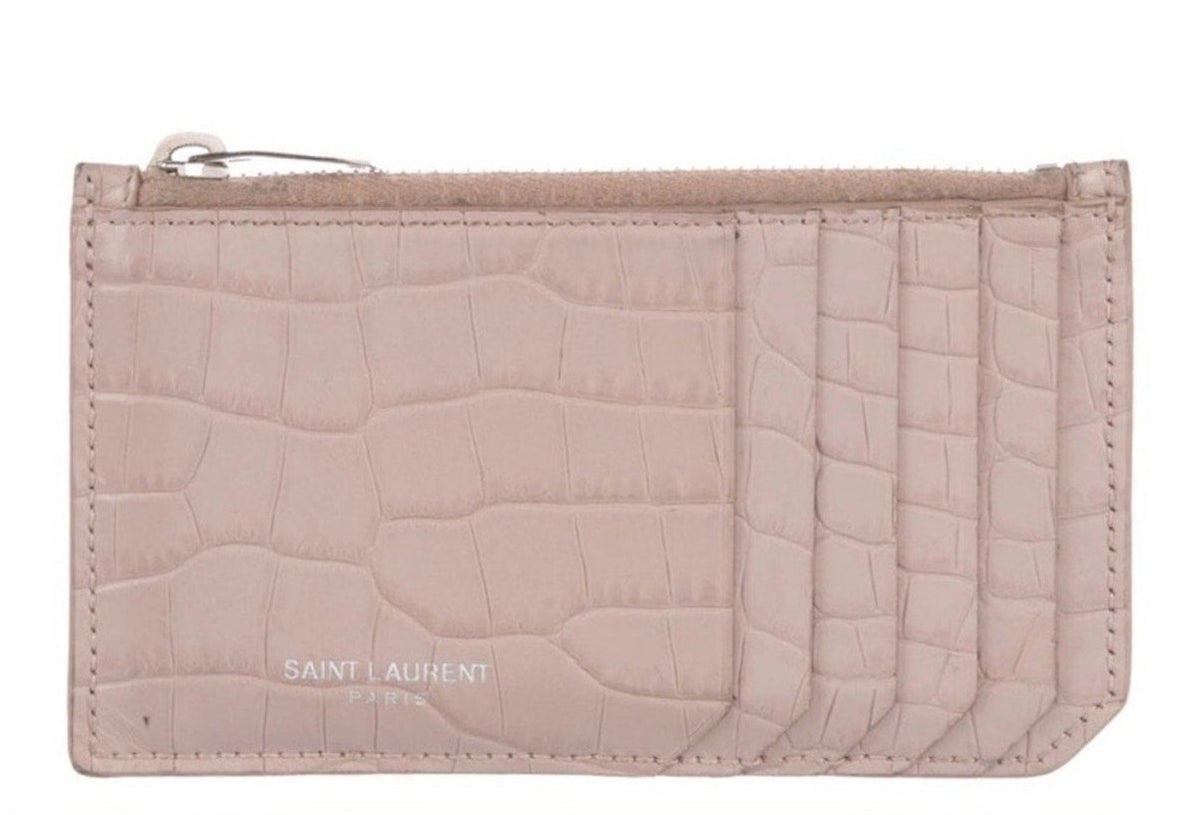Saint Laurent Pink Croc-Embossed Fragments Zip Card Holder YSL