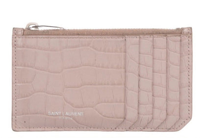 Saint Laurent Pink Croc-Embossed Fragments Zip Card Holder YSL