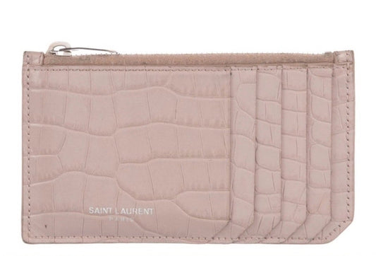 Saint Laurent Pink Croc-Embossed Fragments Zip Card Holder YSL