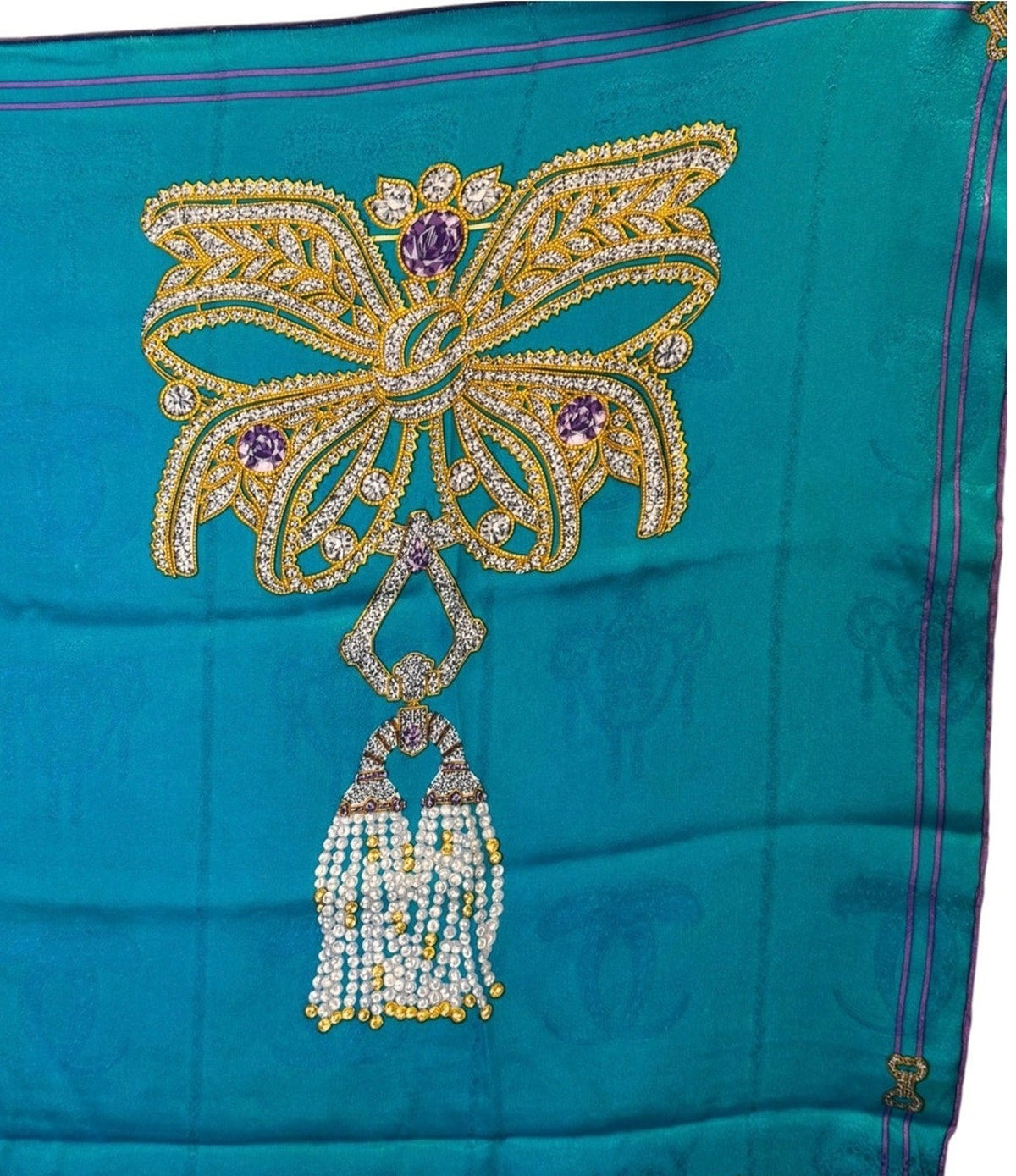 Cartier Teal “Collection of Brooches” Jewel-Embellished Silk Scarf