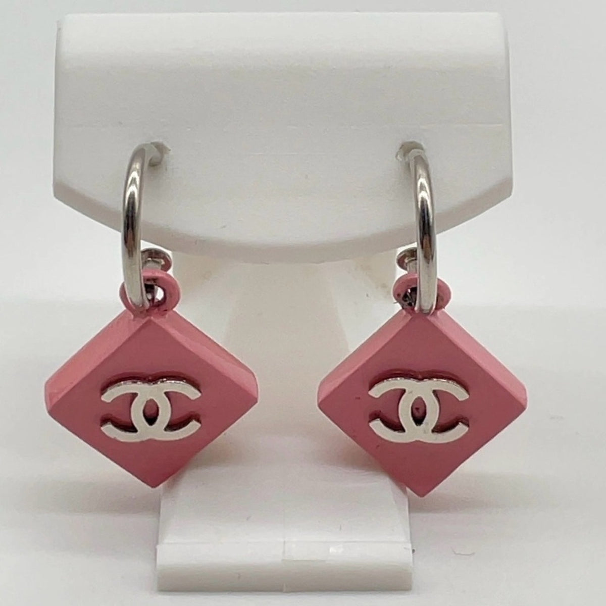 Chanel Pink Enamel and Palladium-Plated CC Pierced Drop Earrings