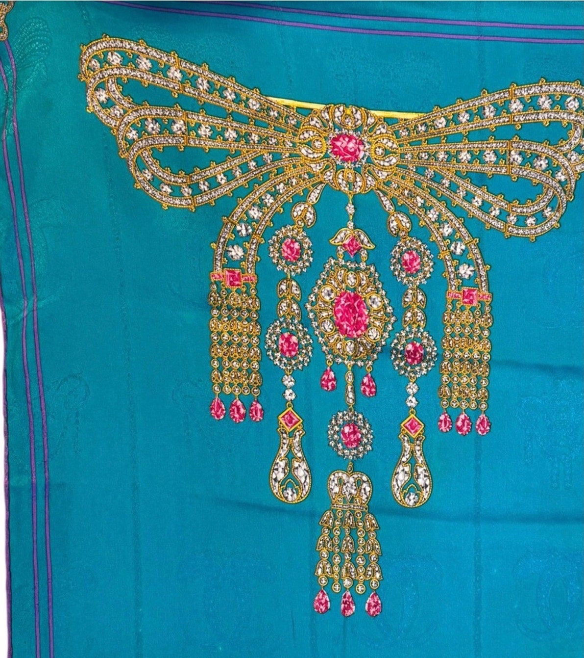 Cartier Teal “Collection of Brooches” Jewel-Embellished Silk Scarf