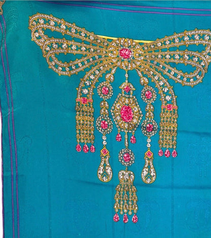 Cartier Teal “Collection of Brooches” Jewel-Embellished Silk Scarf