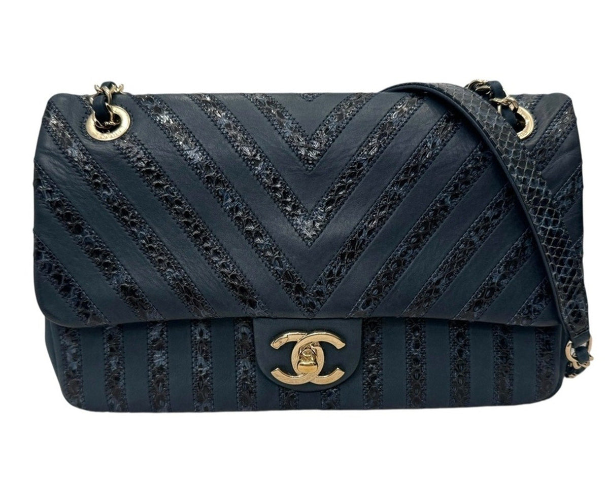 Chanel Navy Leather and Snakeskin Chevron Medium Single Flap Bag