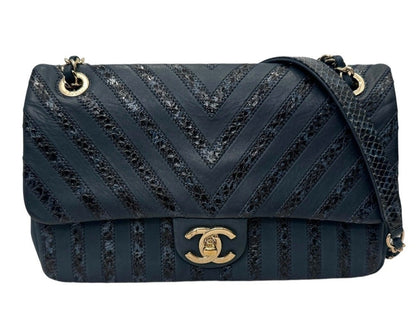 Chanel Navy Leather and Snakeskin Chevron Medium Single Flap Bag