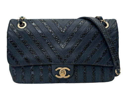 Chanel Navy Leather and Snakeskin Chevron Medium Single Flap Bag