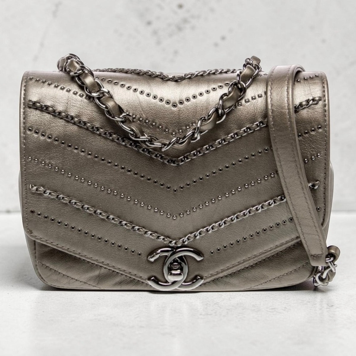 Chanel Metallic Grey Square Mini Flap Bag Chevron Quilted Leather