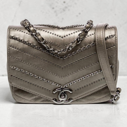 Chanel Metallic Grey Square Mini Flap Bag Chevron Quilted Leather