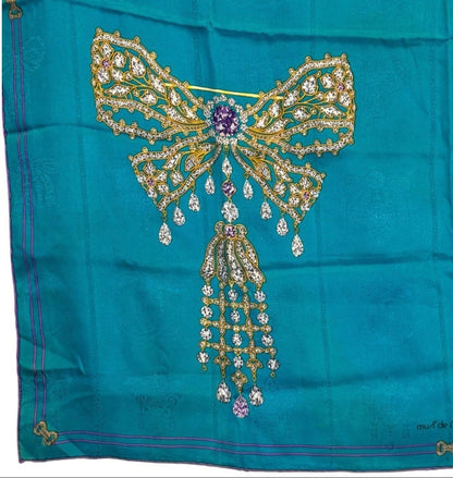 Cartier Teal “Collection of Brooches” Jewel-Embellished Silk Scarf