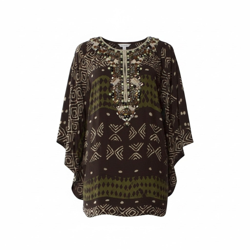 Oscar de la Renta Olive & Dark Brown Beaded Silk Tunic - Medium