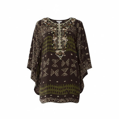 Oscar de la Renta Olive & Dark Brown Beaded Silk Tunic - Medium