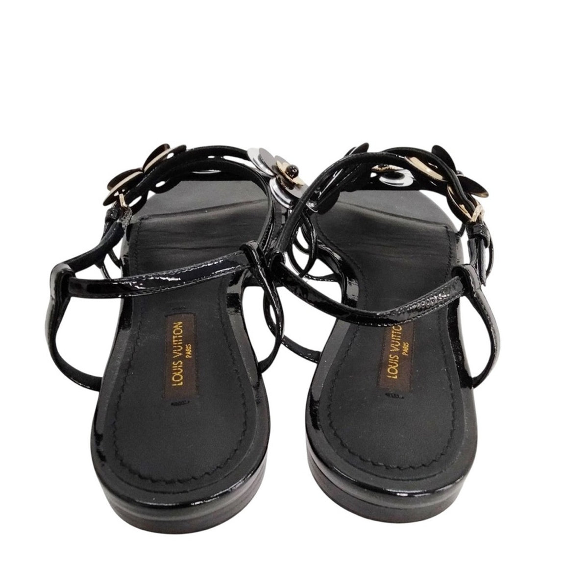 Louis Vuitton Black Patent Leather Flower Sling-Back Sandals - Size 35